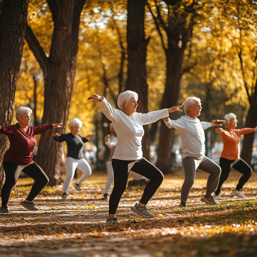Група пенсіонерів виконує легкі фізичні вправи в парку