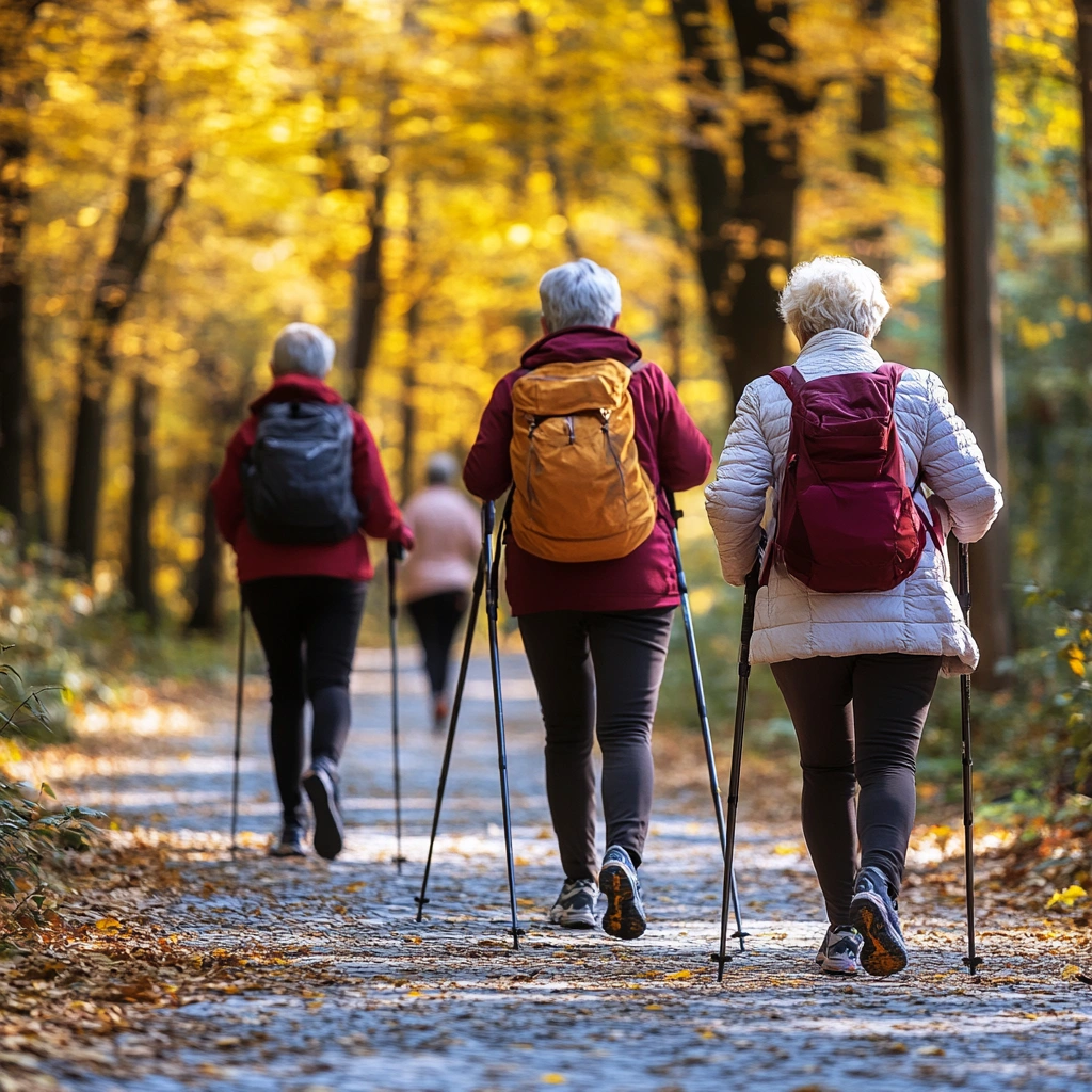 Пенсіонери займаються нордичною ходьбою з палицями в лісопарку